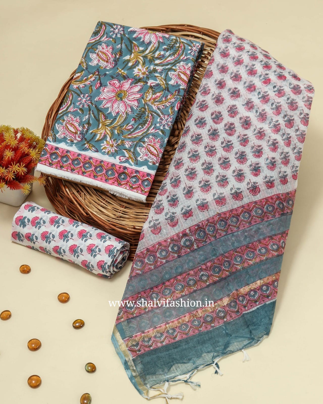 Shop block printed cotton suits with kota dupatta (3CKD194)