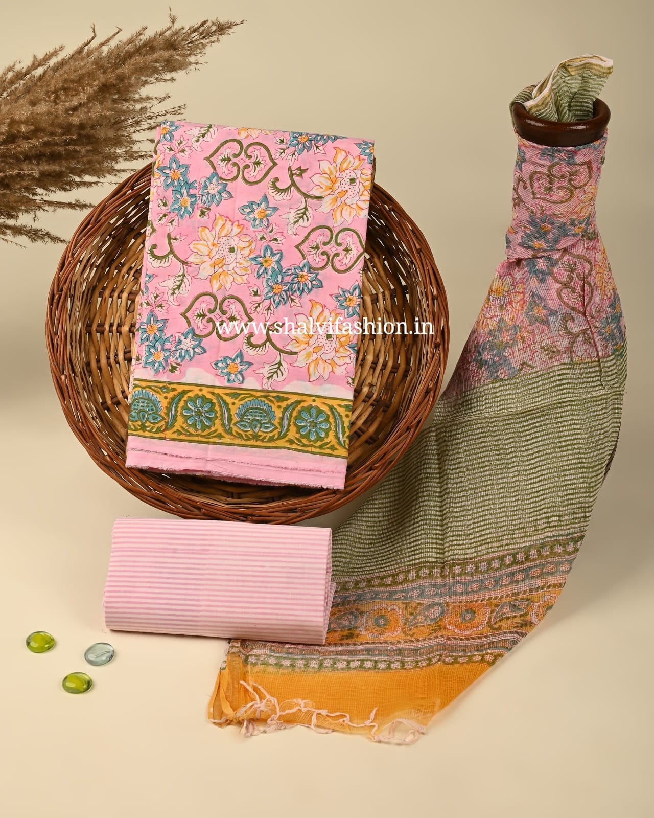 Shop hand block printed cotton suits with kota dupatta (3CKD302)