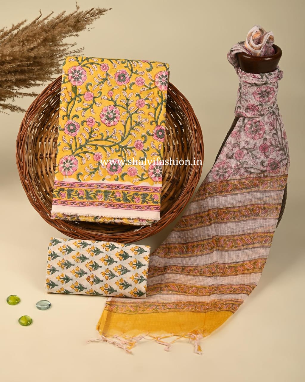 Shop hand block print cotton suits with kota dupatta online (3CKD307)