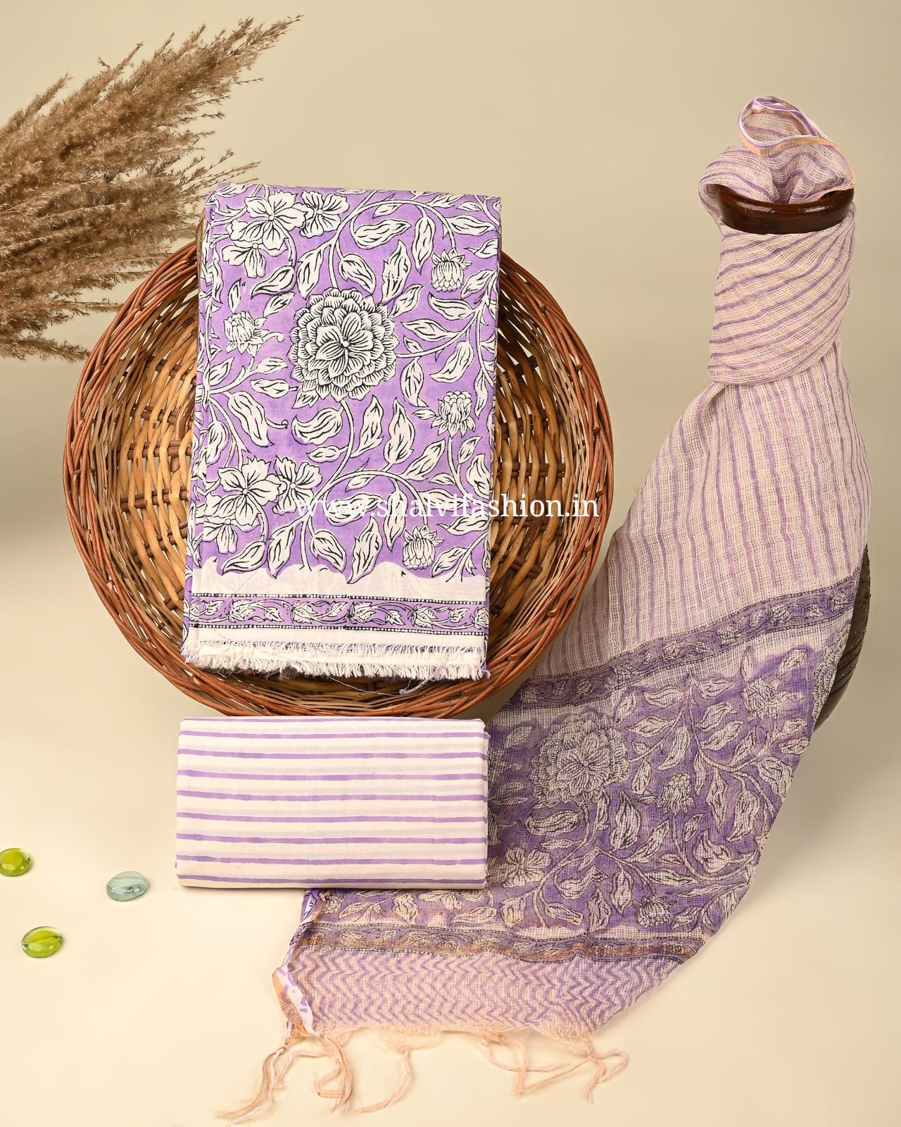 Shop block printed cotton suits with doria dupatta (3CKD347)