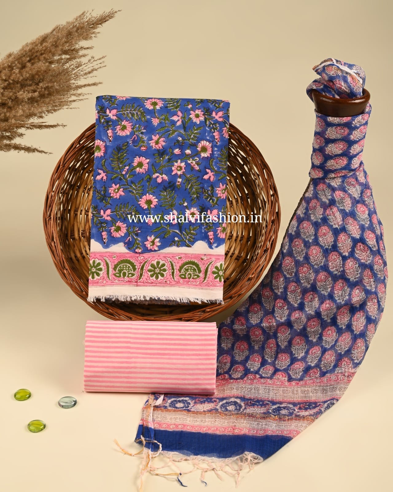 Shop sanganeri print cotton suits with kota dupatta (3CKD358)