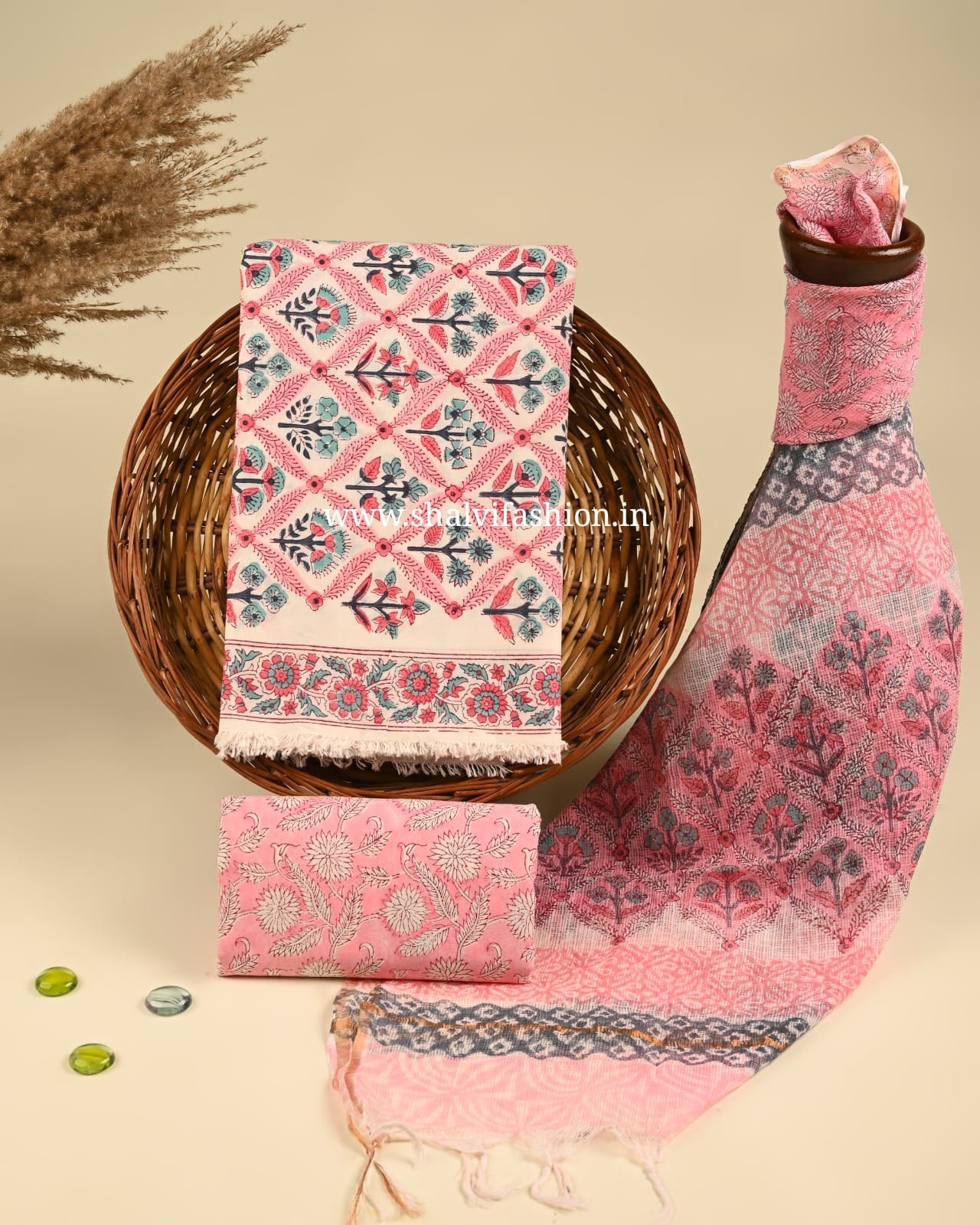 Shop jaipuri print cotton suits with kota dupatta (3CKD359)