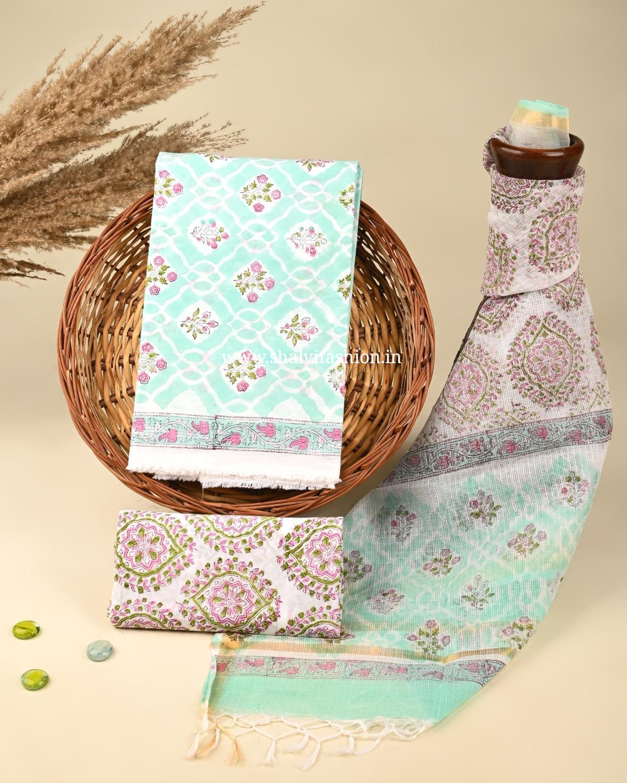 Shop block printed cotton suits with kota dupatta (3CKD386)