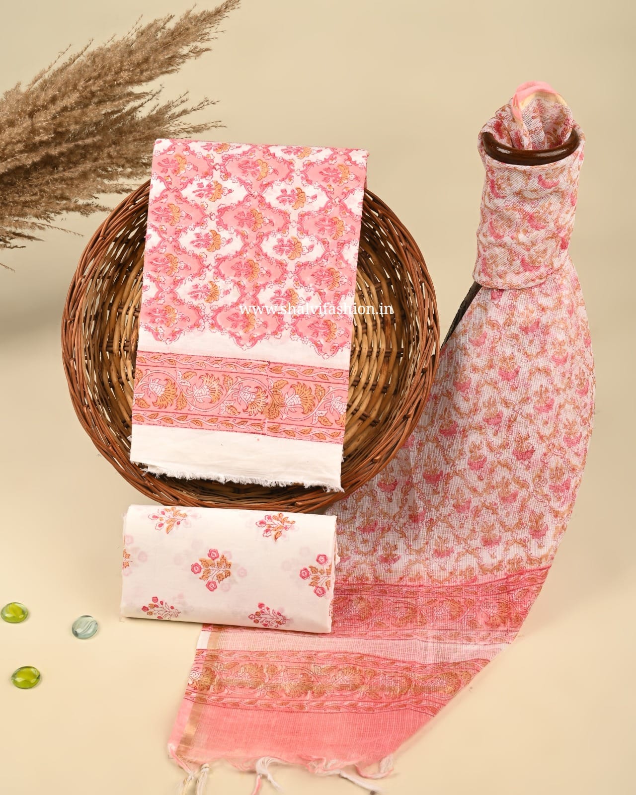 Shop block printed cotton suits with kota doria dupatta (3CKD390)