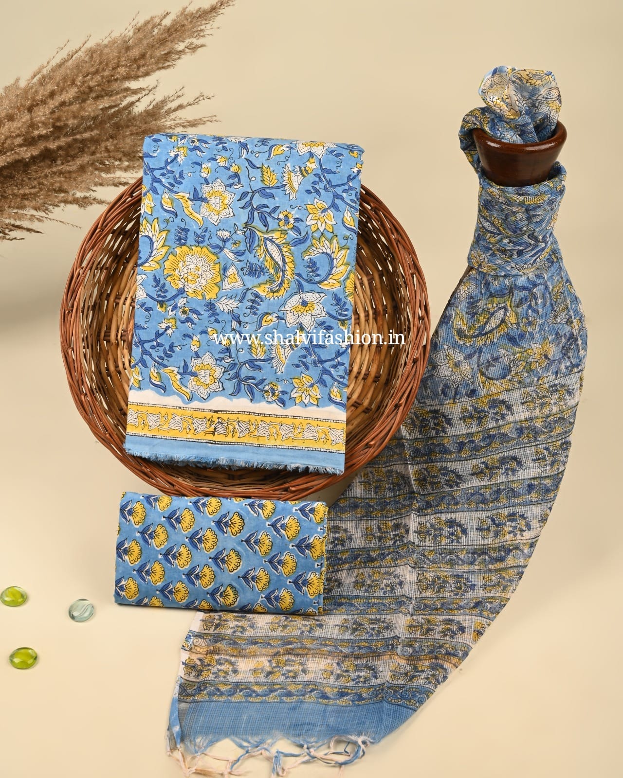 Shop block printed cotton suits with kota dupatta (3CKD397)