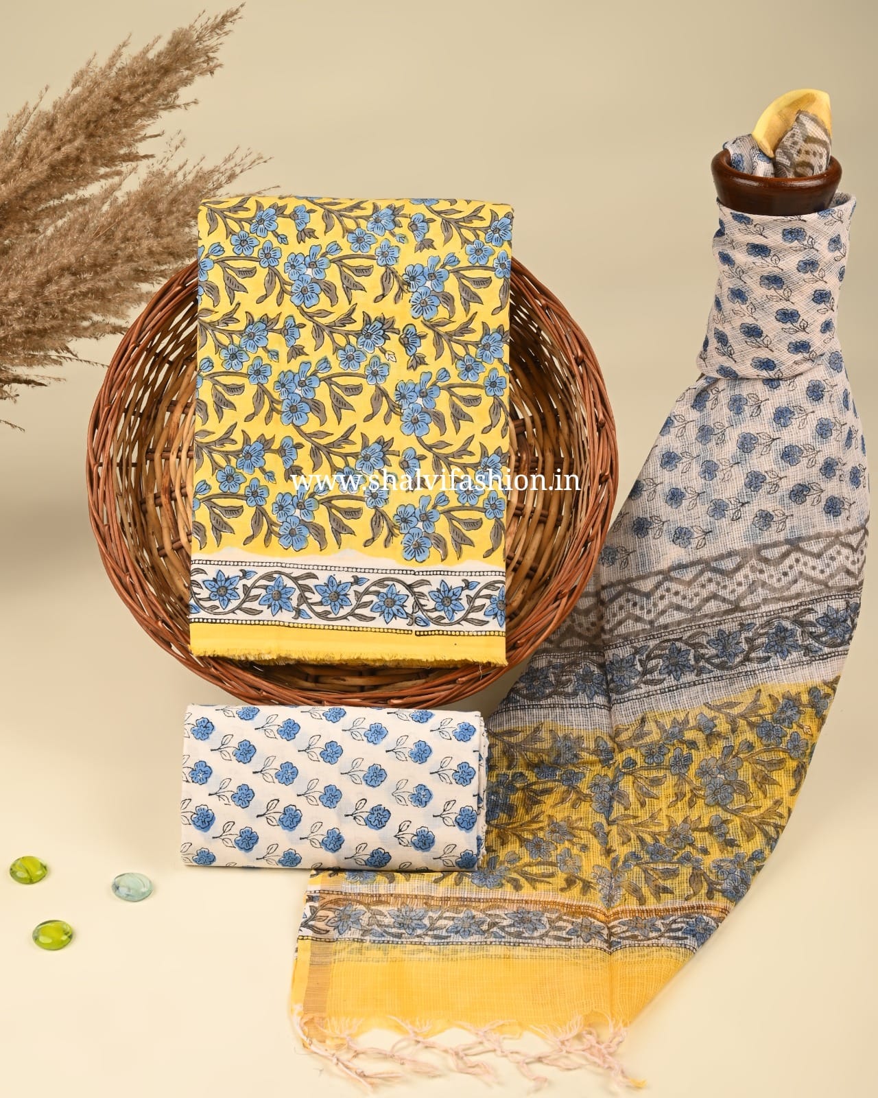 Shop unstitched block print cotton suits with kota doria dupatta (3CKD413)