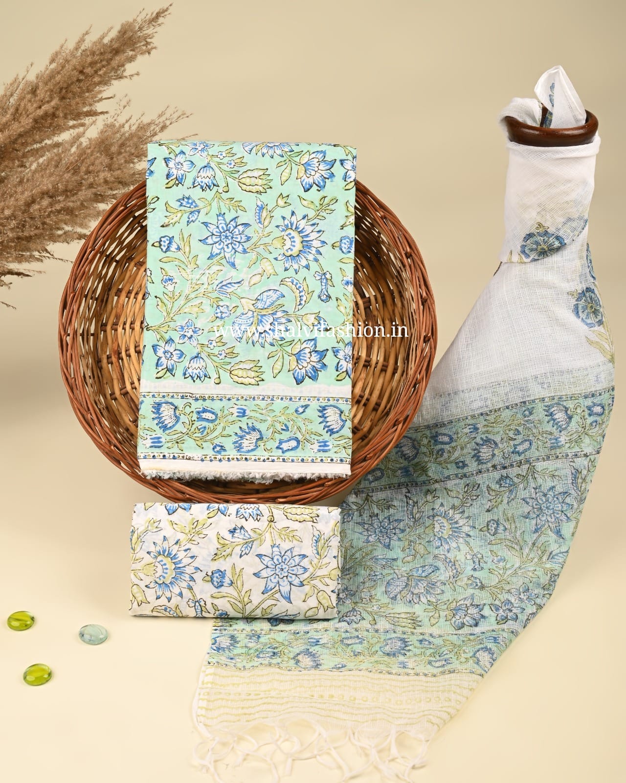 Shop unstitched block print cotton suits with kota dupatta (3CKD418)