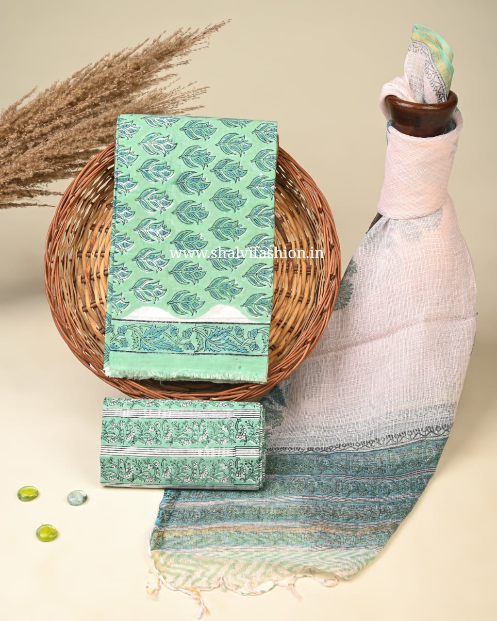 Shop jaipuri print cotton suits with kota dupatta (3CKD484)