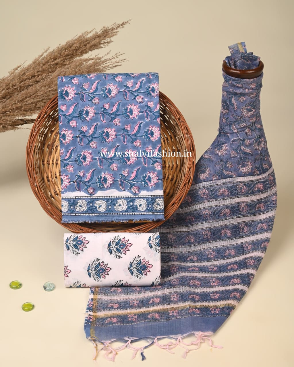Shop block print cotton suits with kota doria dupatta (3CKD731)