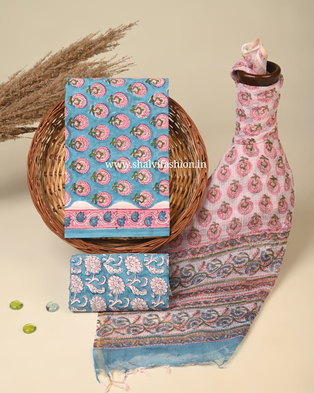 Shop sanganeri block print cotton suits with kota dupatta (3CKD732)