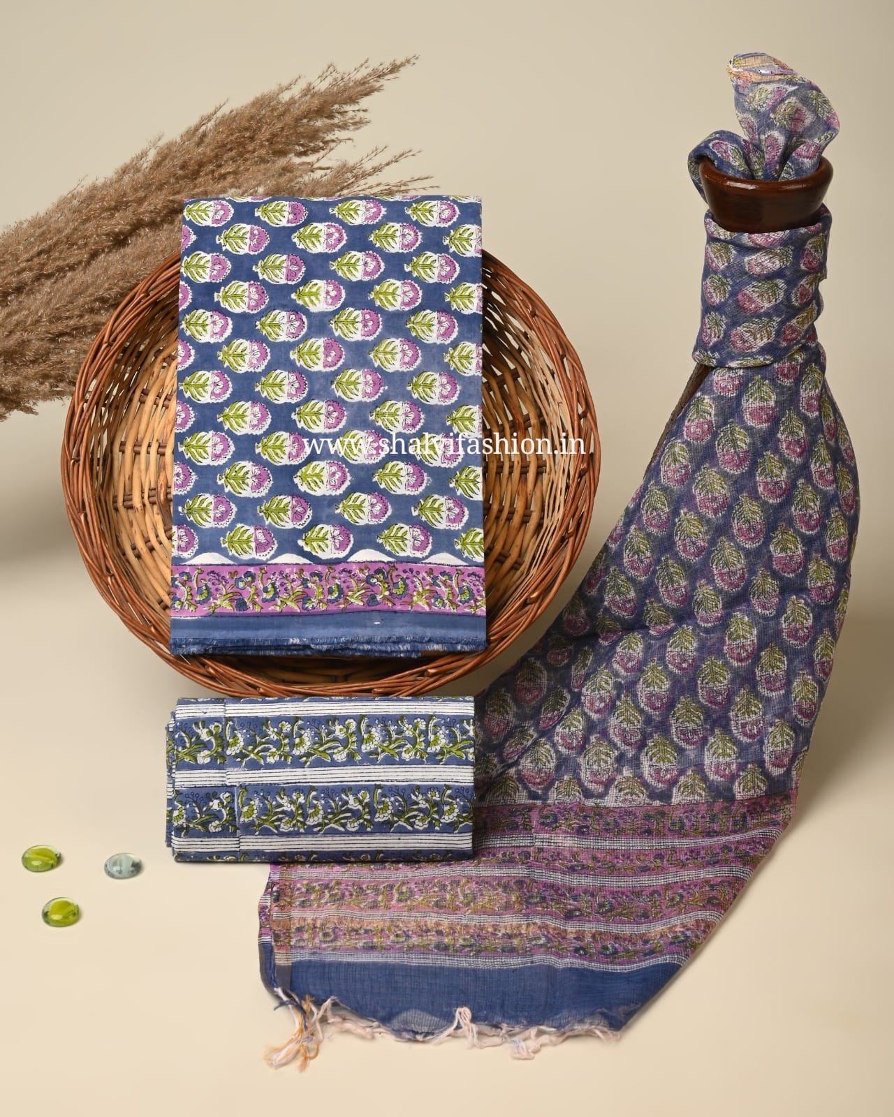 Shop block printed cotton suits with kota dupatta (3CKD739)