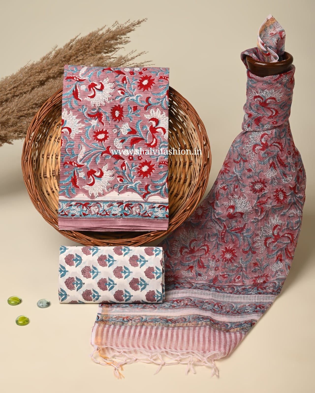 Shop block printed cotton suits with kota doria dupatta (3CKD745)