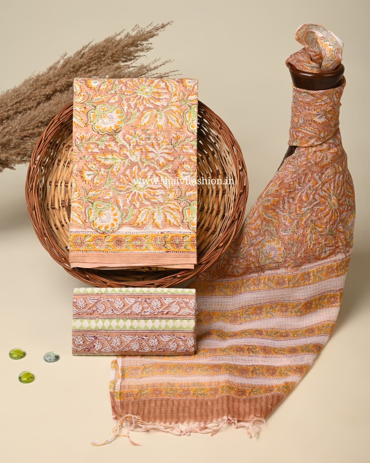 Shop block print textured line cotton suits online (3CKD747)