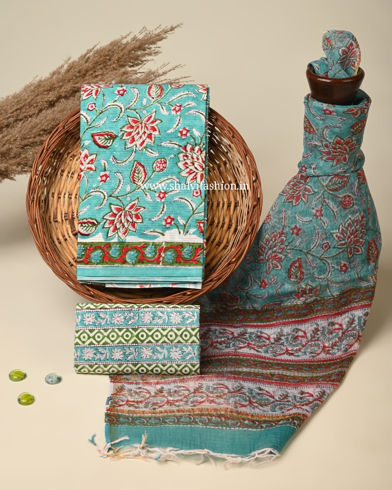 Shop block printed cotton suits with kota doria dupatta in jaipur (3CKD751)