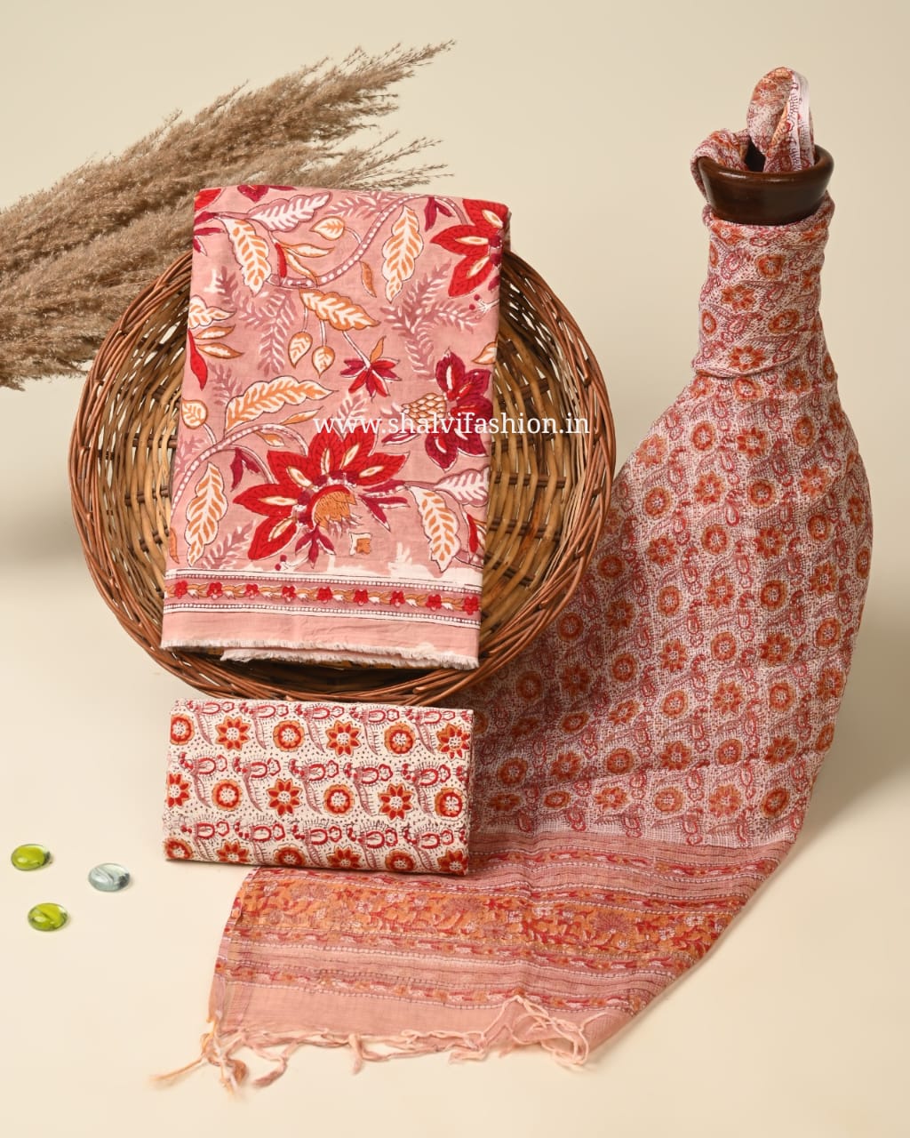 Shop unstitched block print cotton suits with kota dupatta (3CKD755)