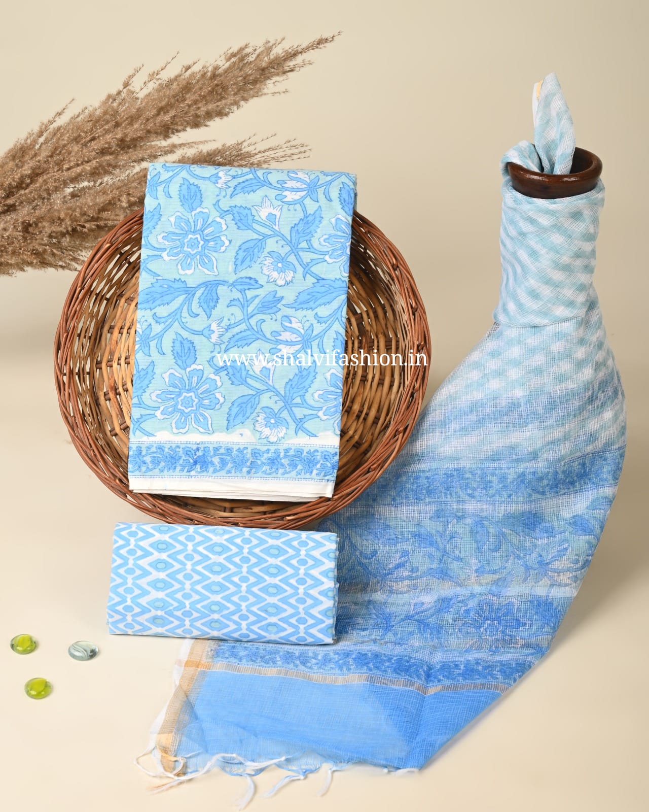 Shop block print cotton suits with kota doria dupatta (3CKD758)