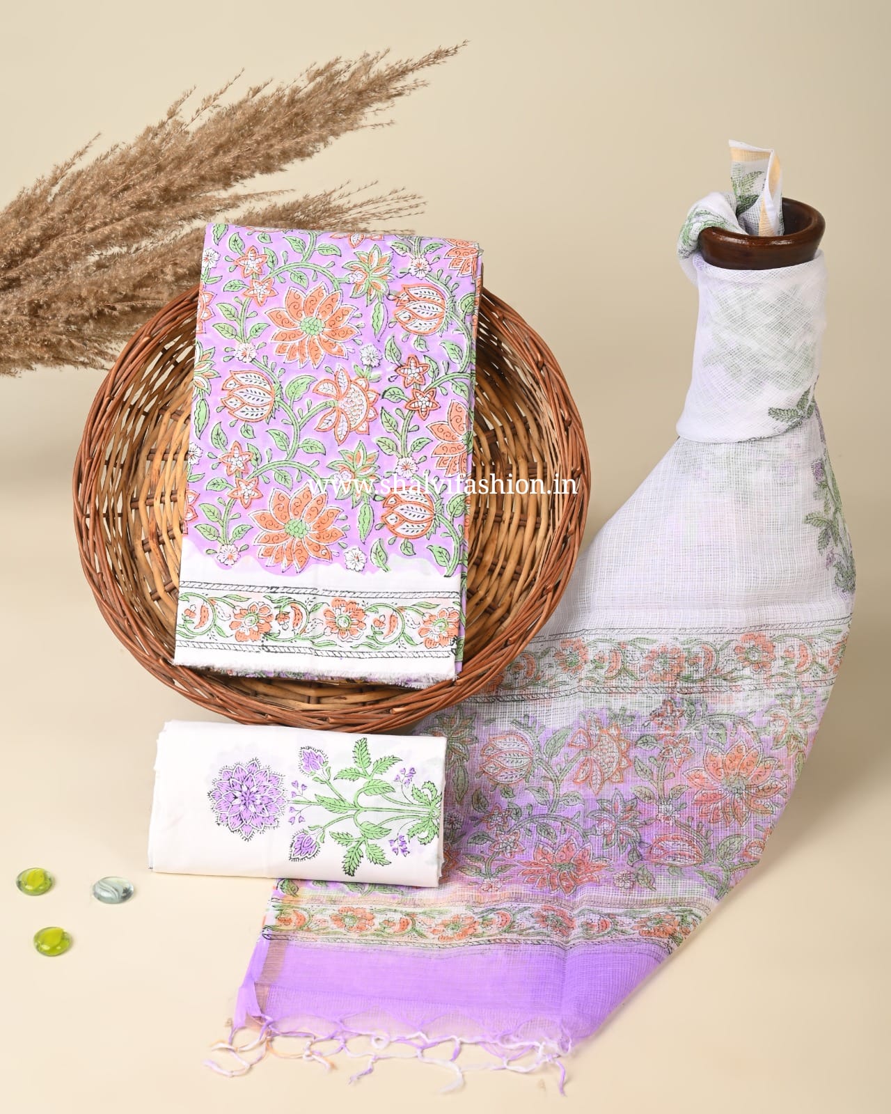 Shop block print kota doria dupatta cotton suits online (3CKD760)