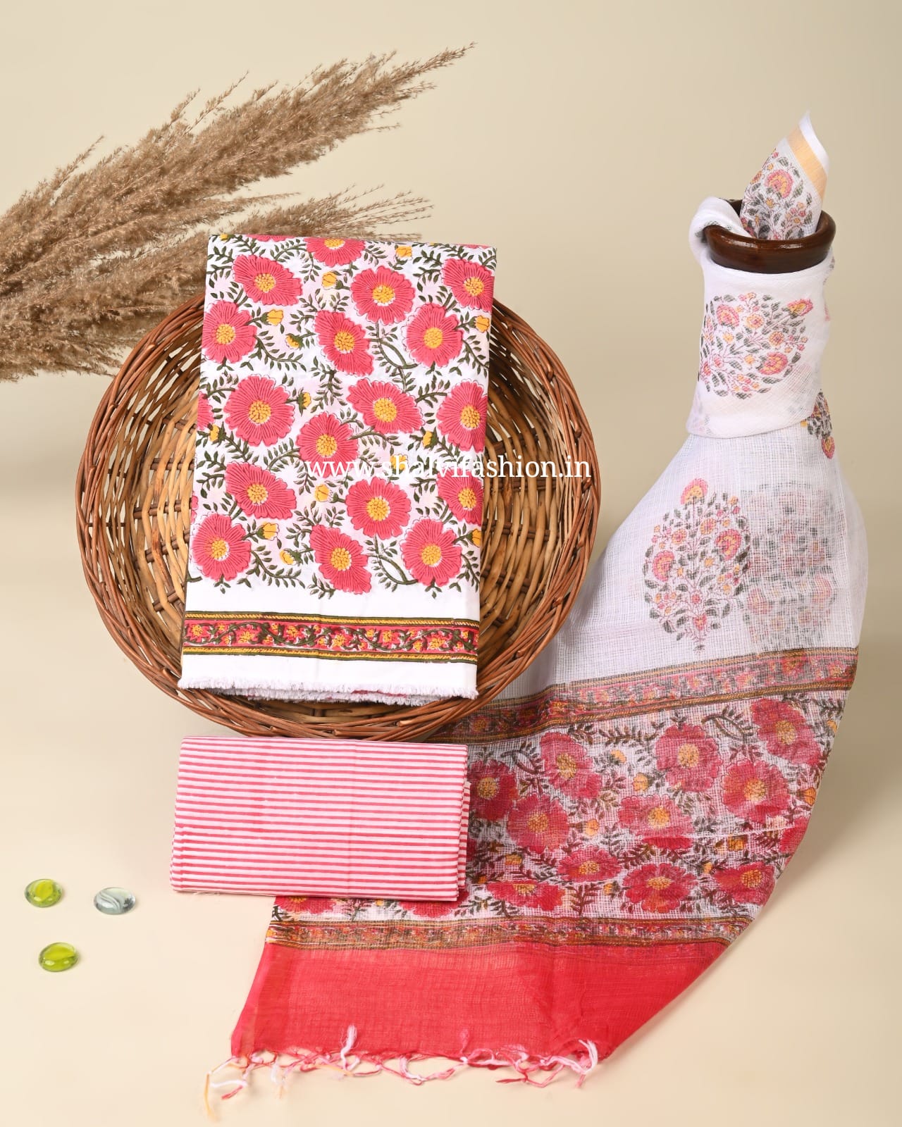 Shop hand block print cotton suits with kota doria dupatta (3CKD763)