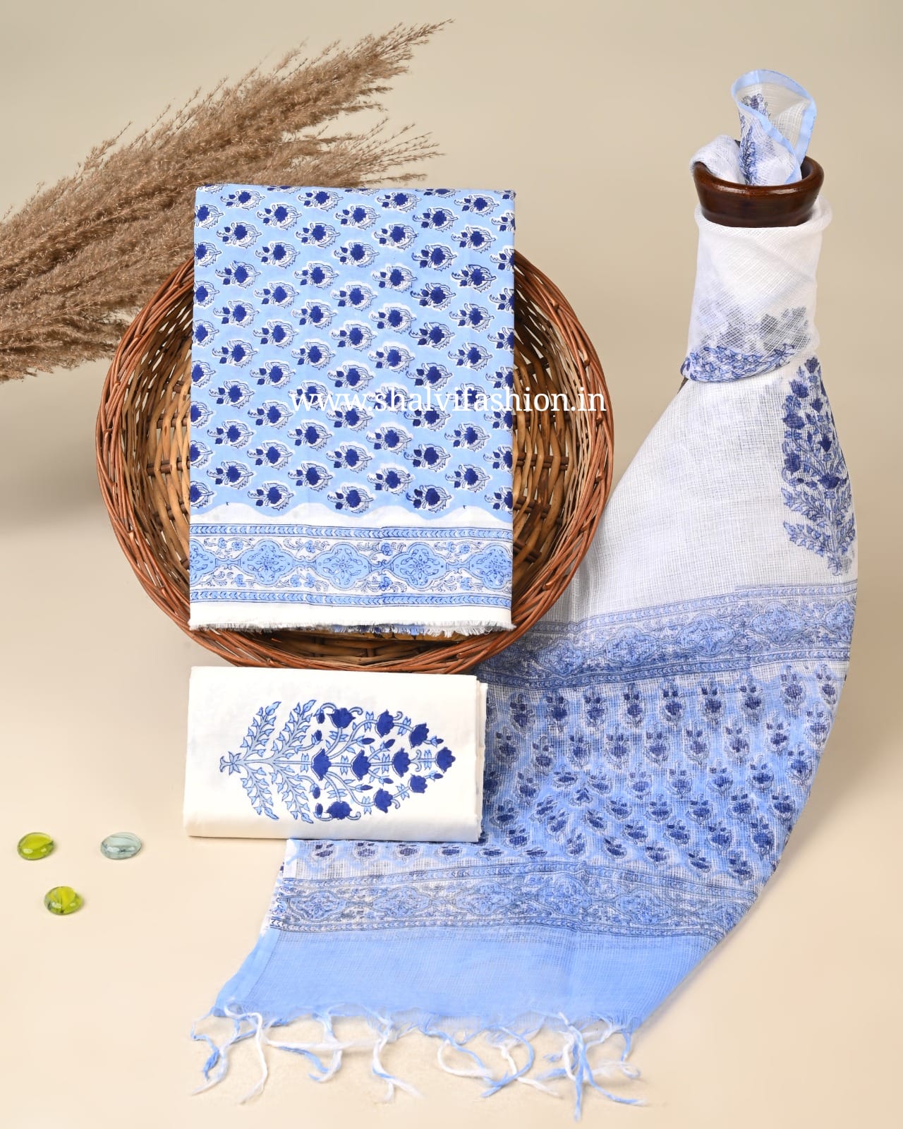 Shop hand block printed cotton suits with kota dupatta (3CKD824)