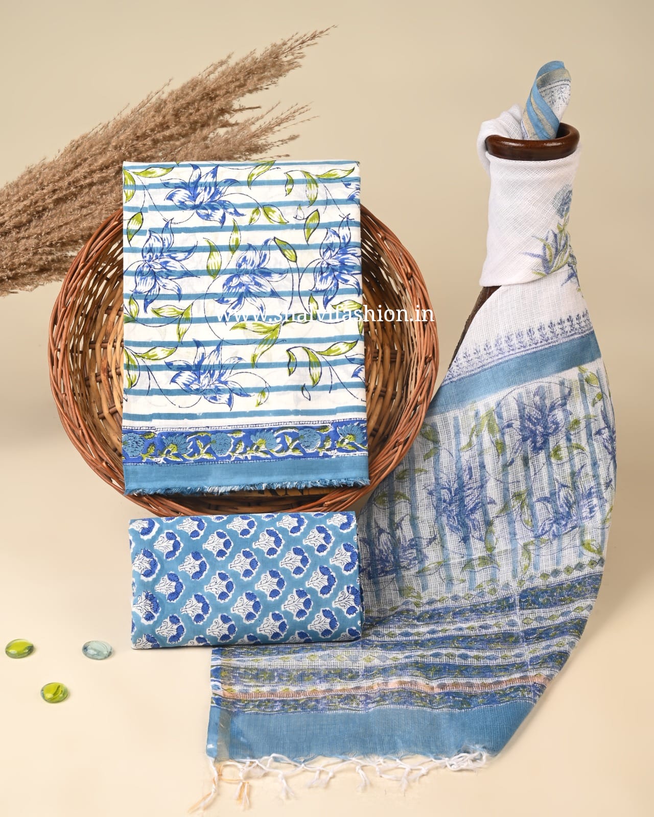 Shop block printed cotton suits with kota dupatta online (3CKD840)