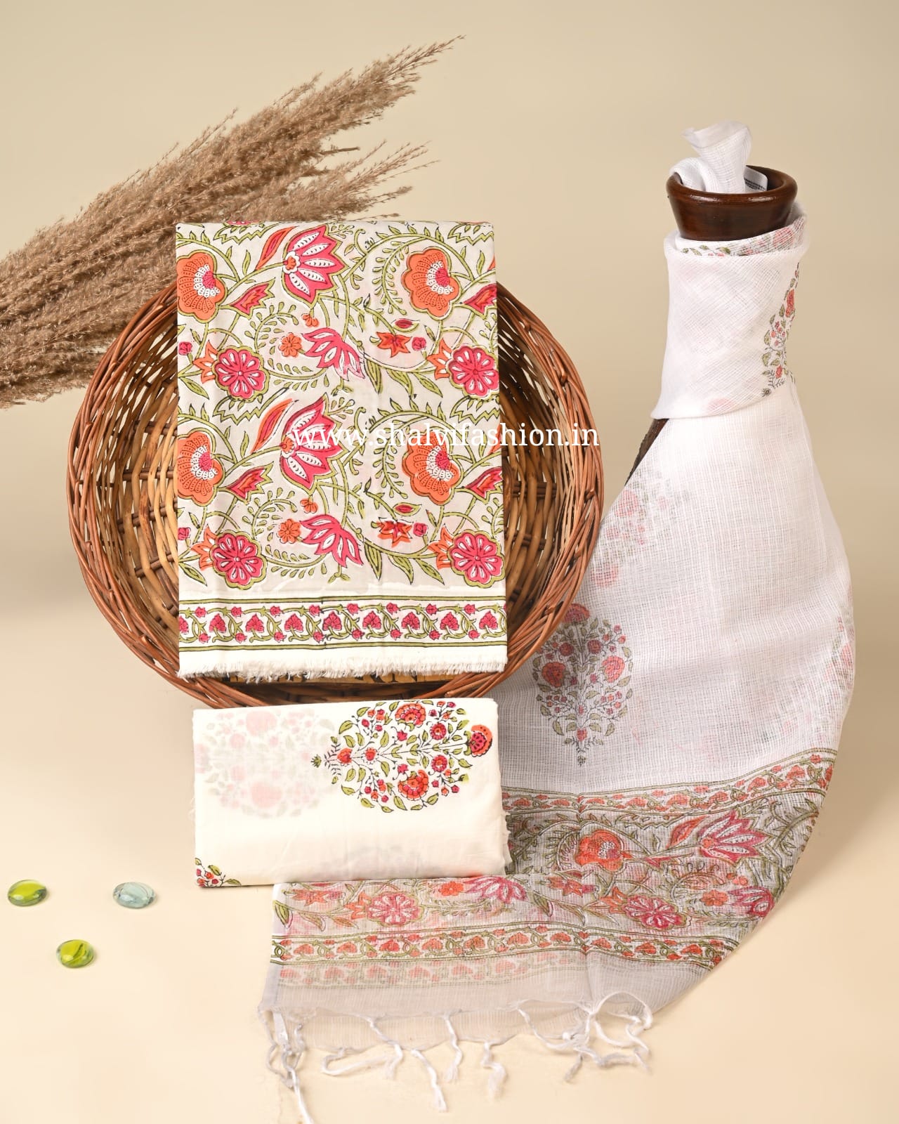 Shop block printed kota dupatta cotton suits online (3CKD846)