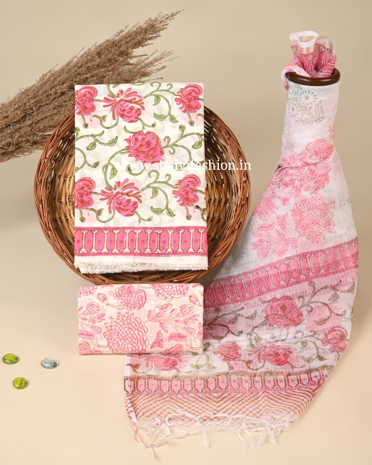 Jaal Print Cotton Suit Set with Kota Doria Dupatta (3CKD851)