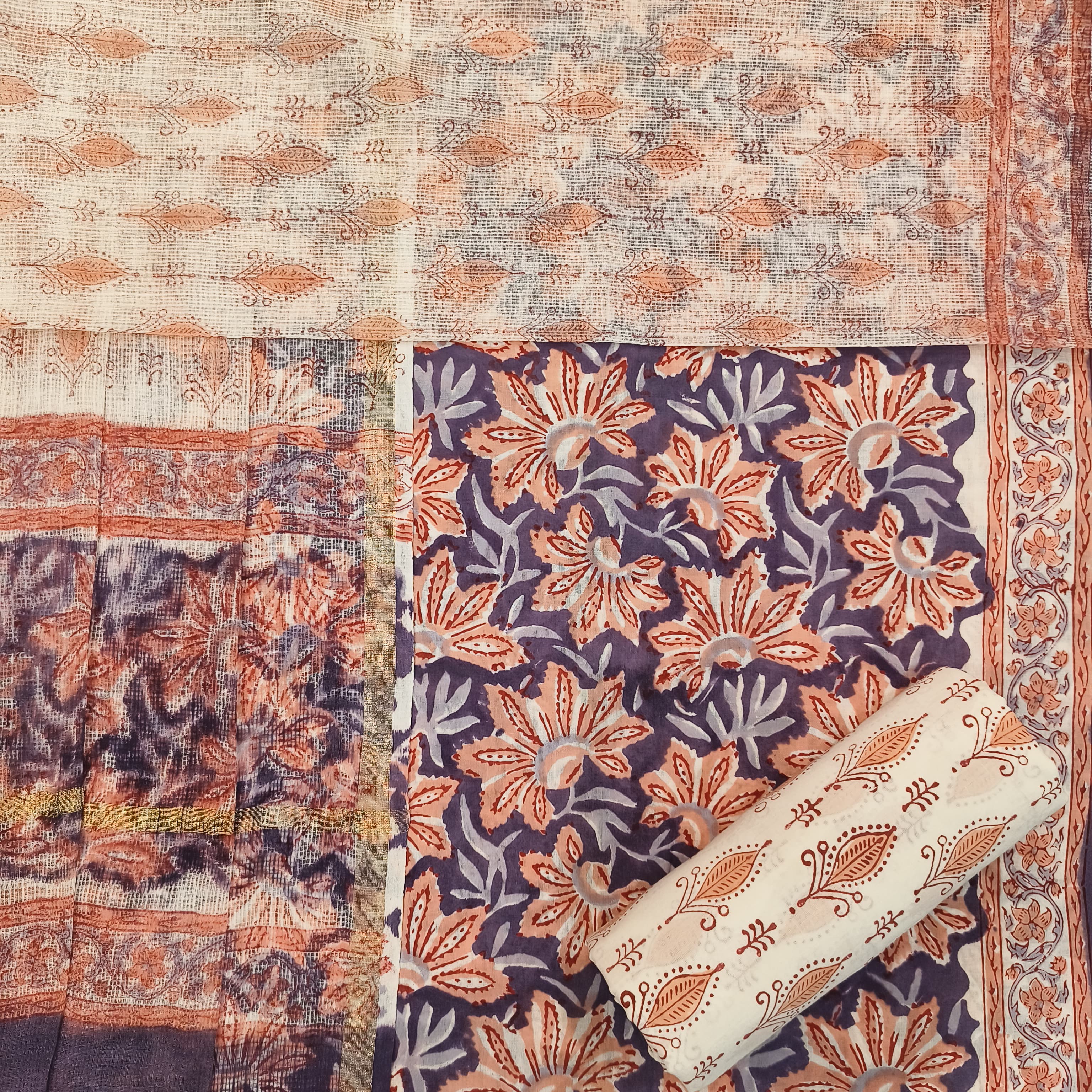 Shop kota dupatta block print cotton suit sets (3CKD632)