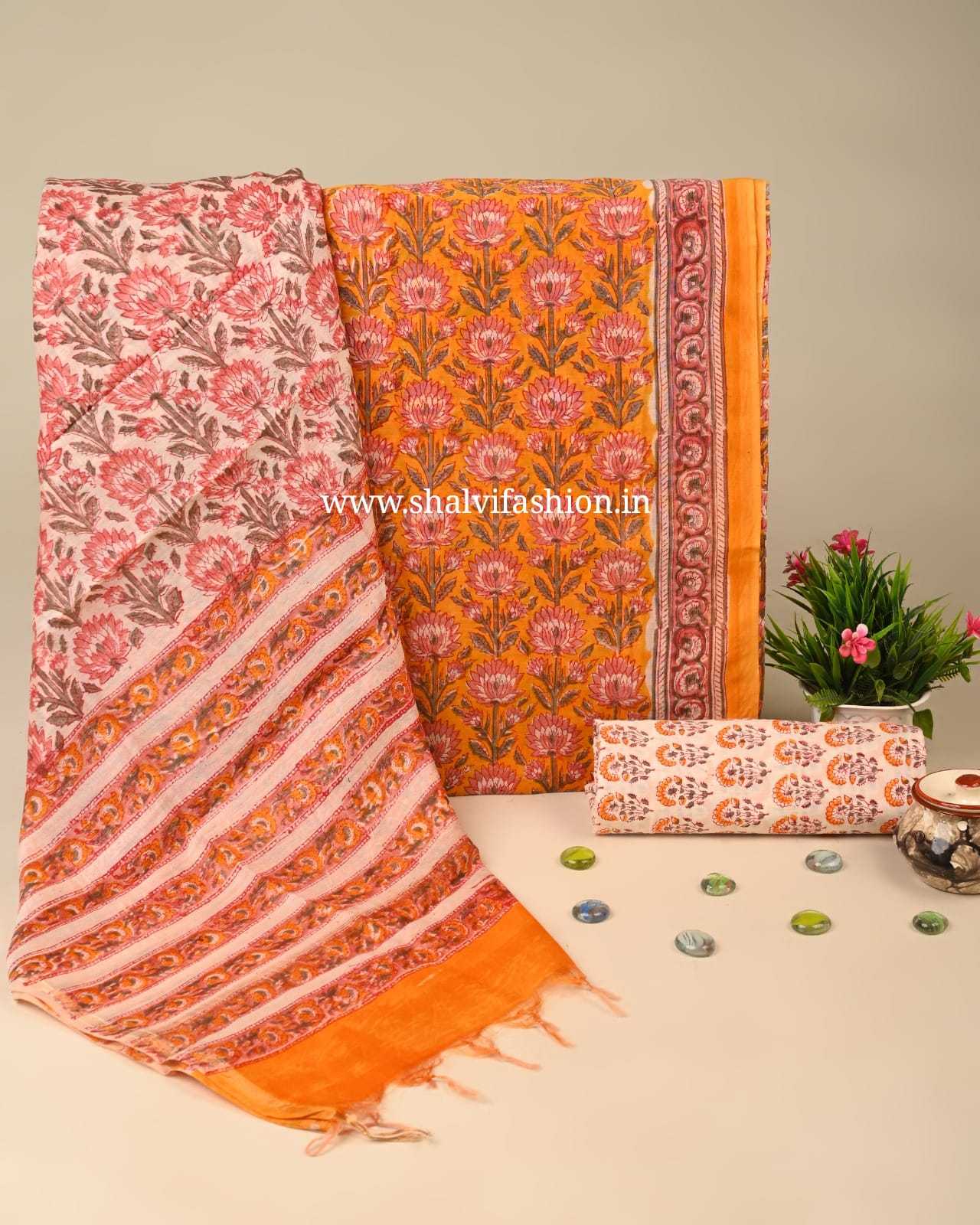 Shop unstitched block print chanderi silk suits online shopping (CHA165)