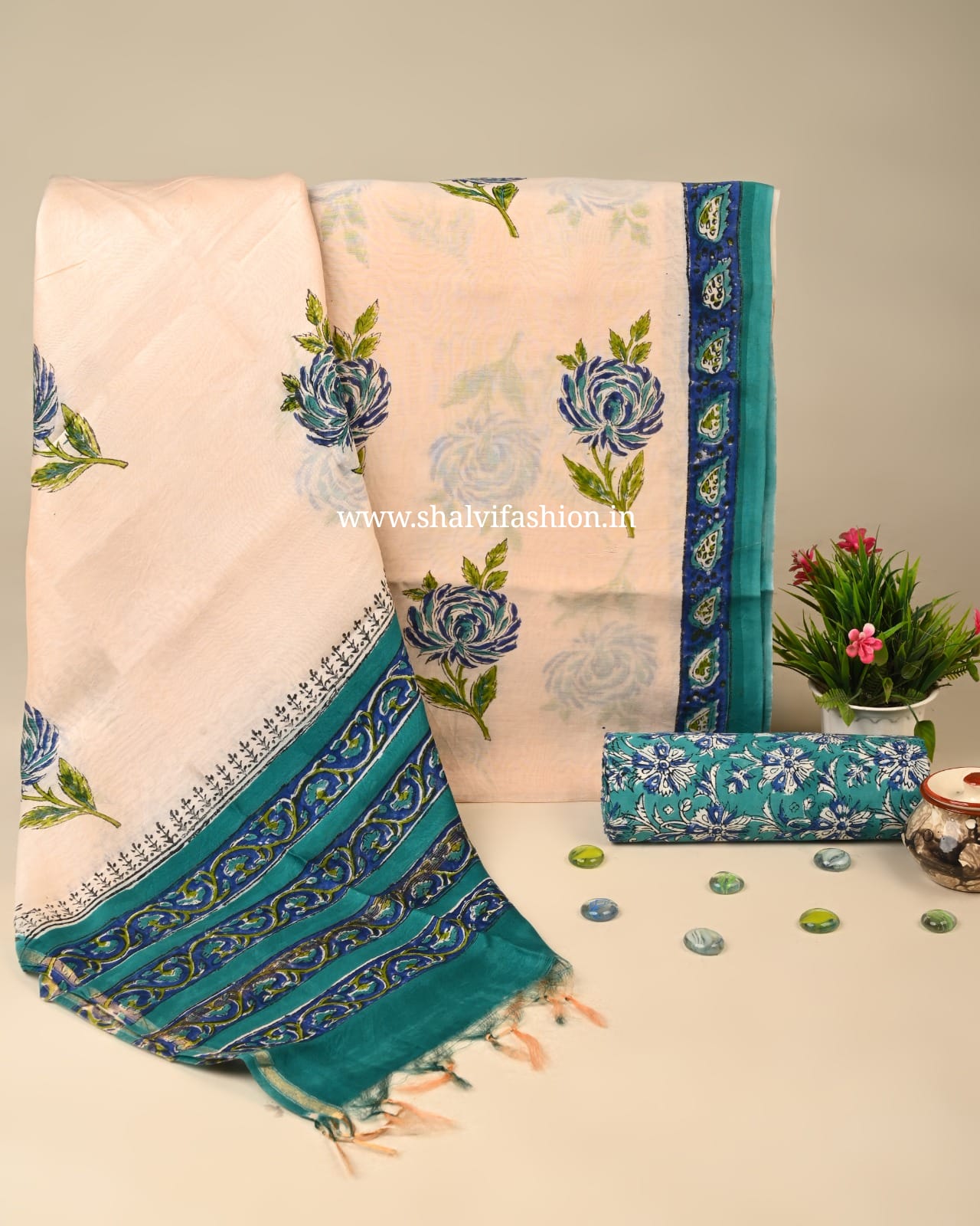 Shop unstitched block print chanderi silk suits online shopping (CHA178)
