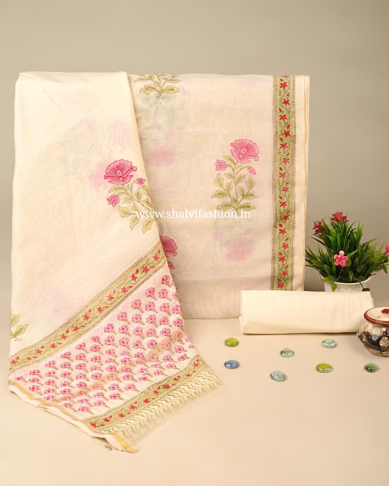 Shop hand block print chanderi silk suits in jaipur (CHA180)