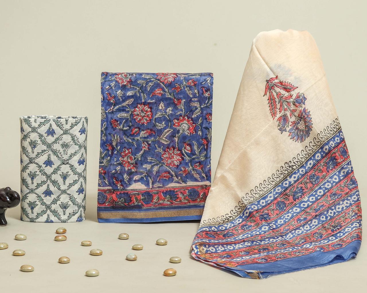 Shop unstitched hand block print chanderi silk suits (CHA187)