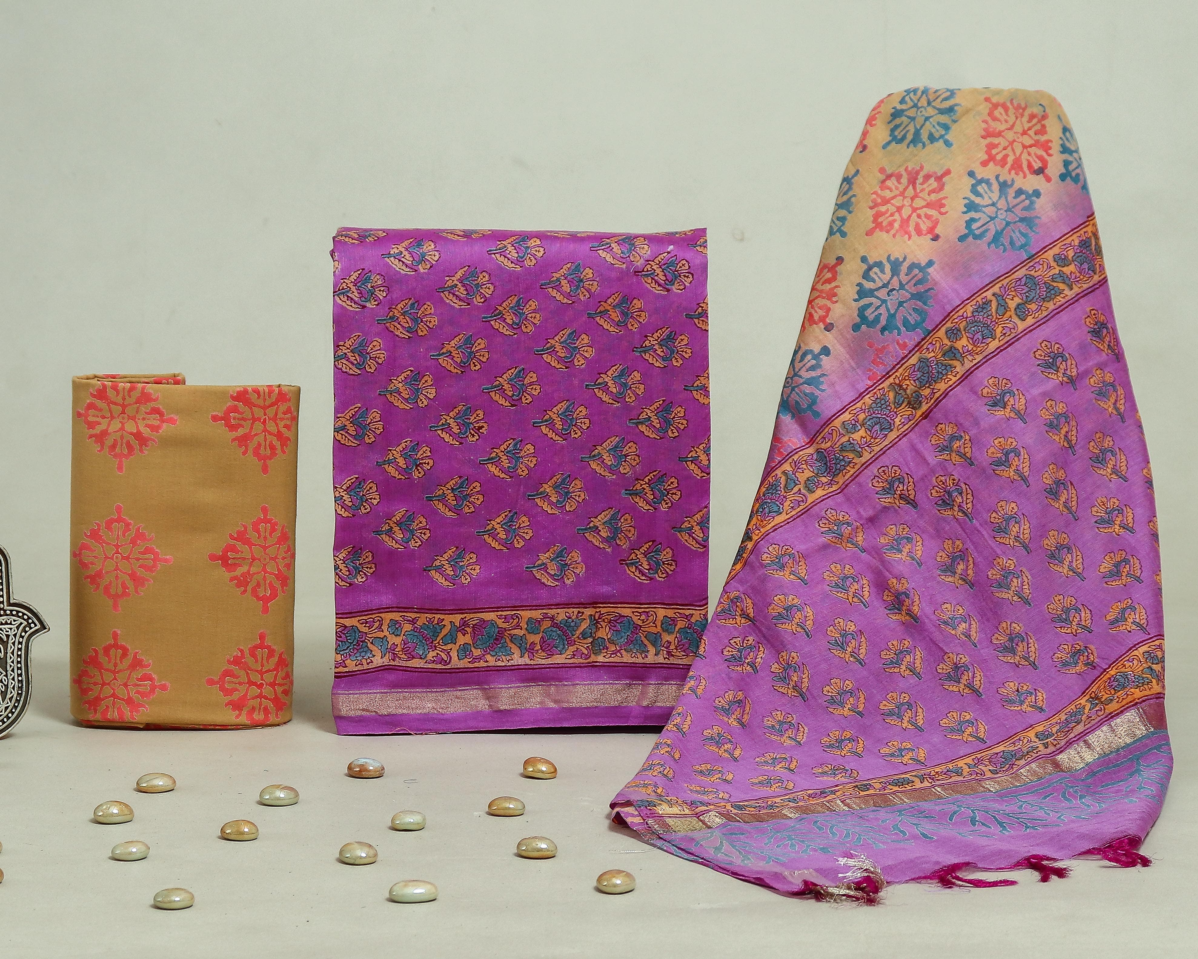 Shop block printed chanderi silk suits online shopping (CHA201)
