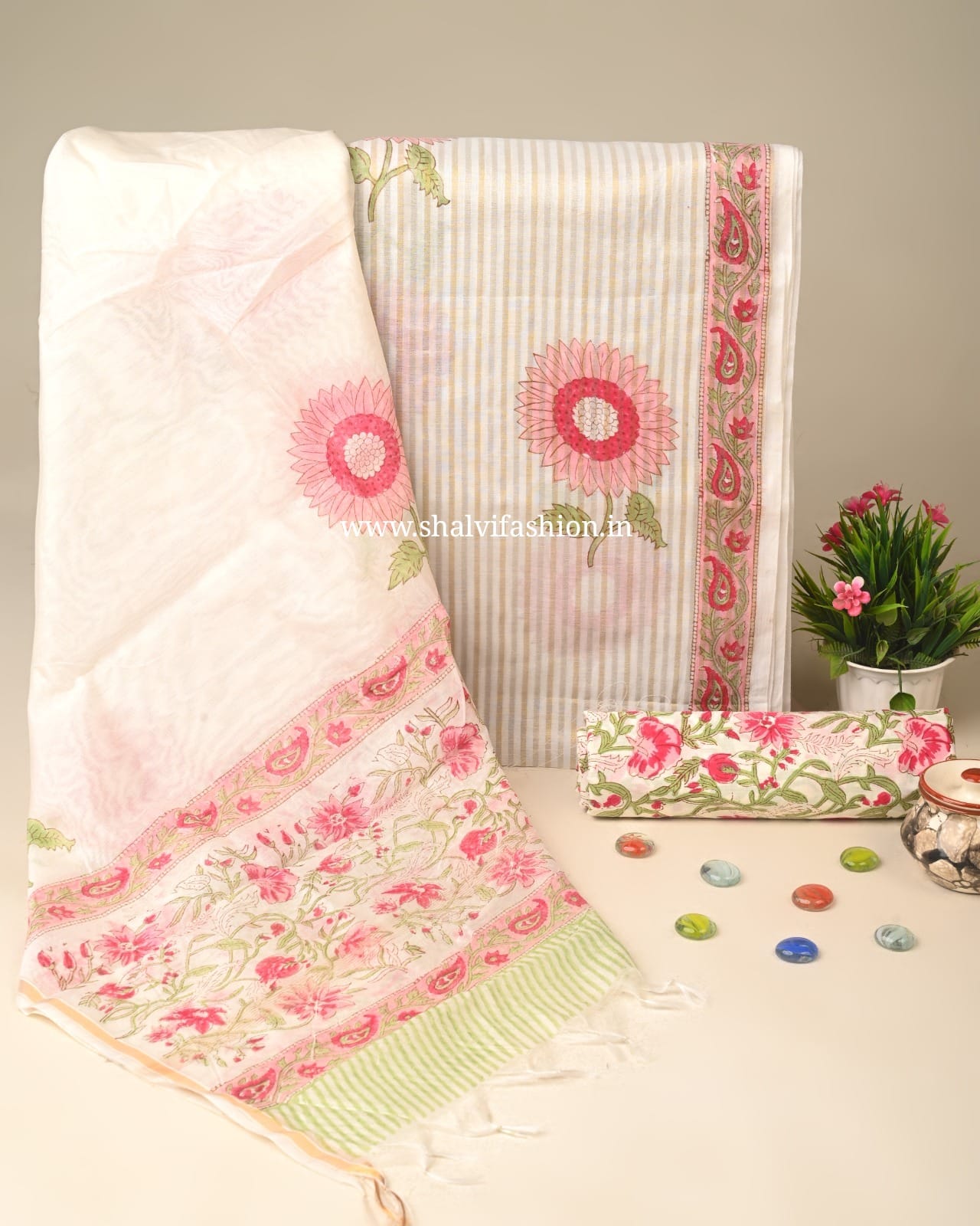 Shop block printed mul chanderi silk suits online (CHA245)
