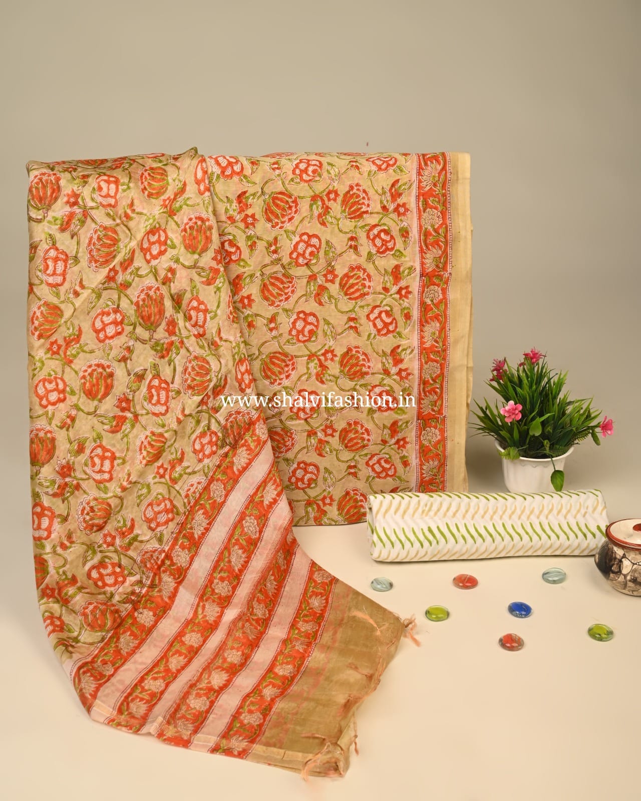 Shop unstitched hand block print chanderi silk suits (CHA907)