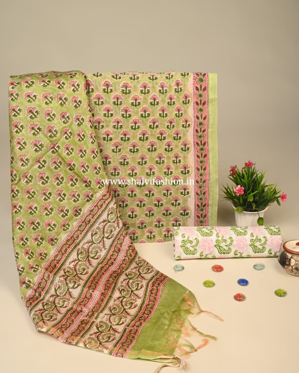 Shop unstitched hand block print chanderi silk suits in jaipur (CHA922)