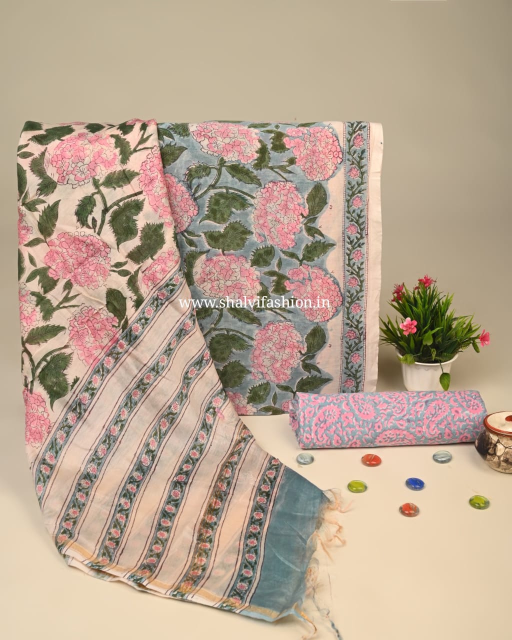 Shop unstitched hand block printed chanderi silk suits (CHA924)