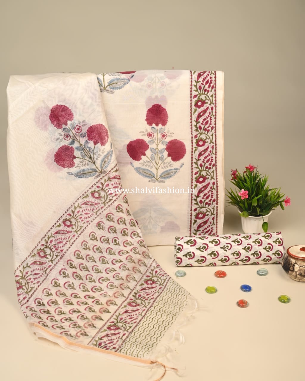 Shop mughal print chanderi silk suits online (CHA925)