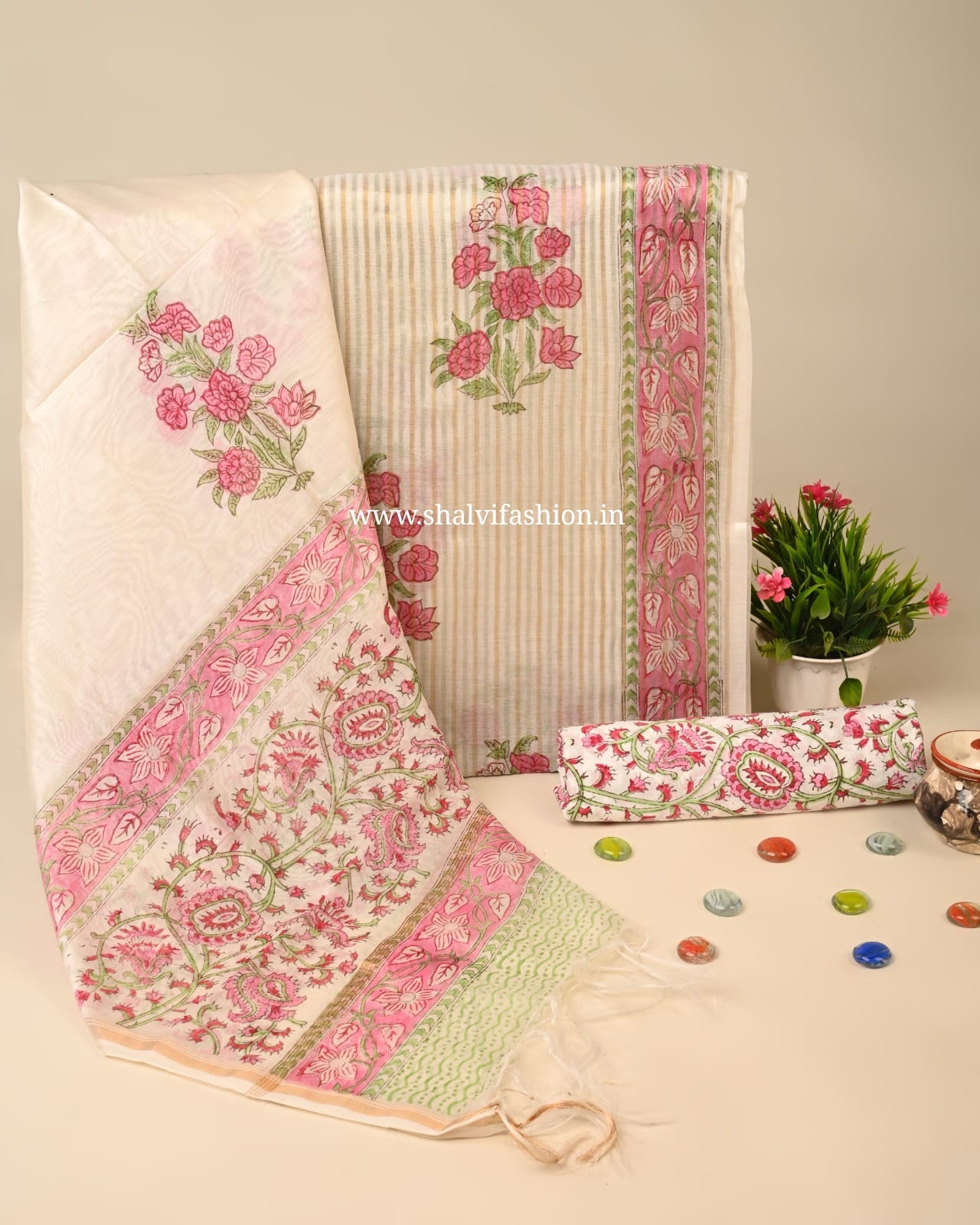 Shop unstitched hand block print mul chanderi silk suits (CHA938)