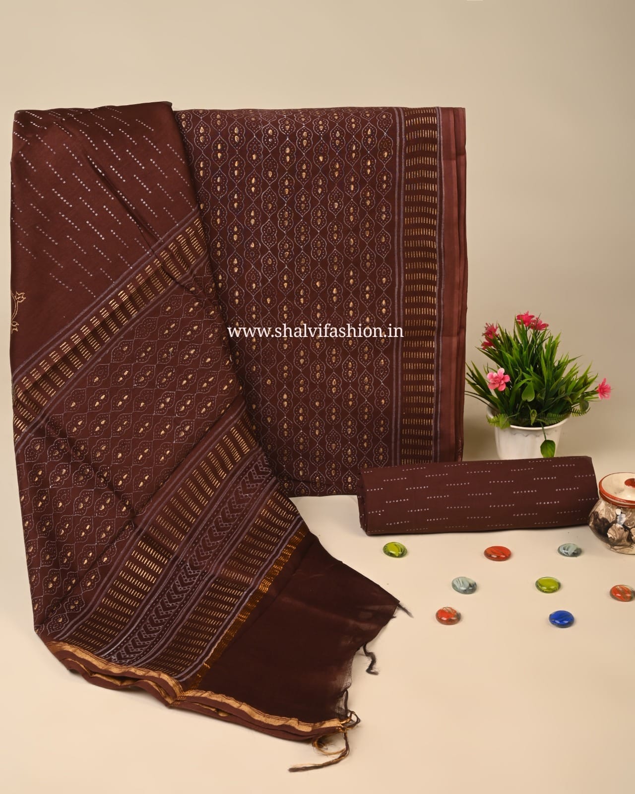 Shop unstitched block printed chanderi silk suits online (CHA946)