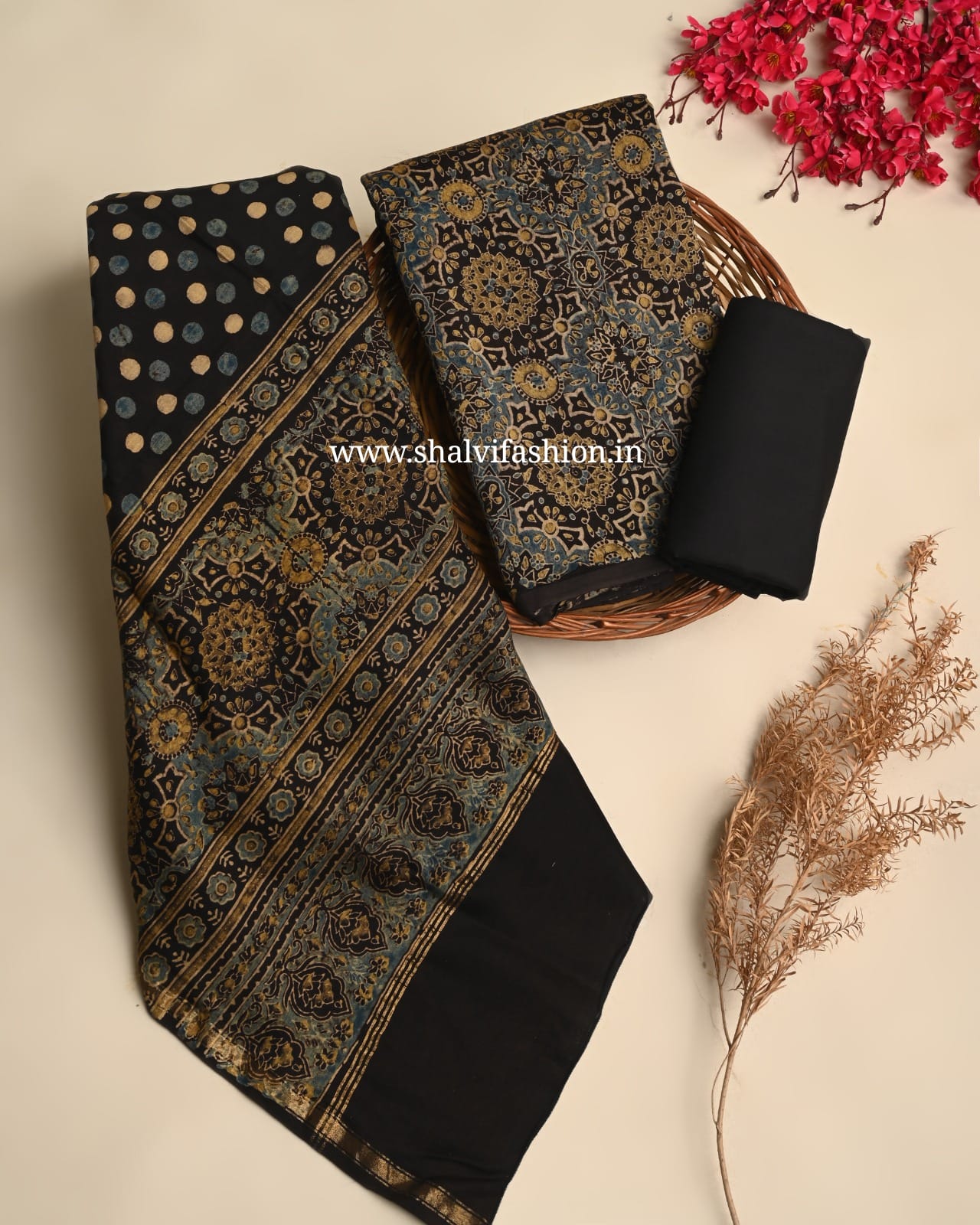 Shop unstitched ajrak printed chanderi silk suits (CHA993)