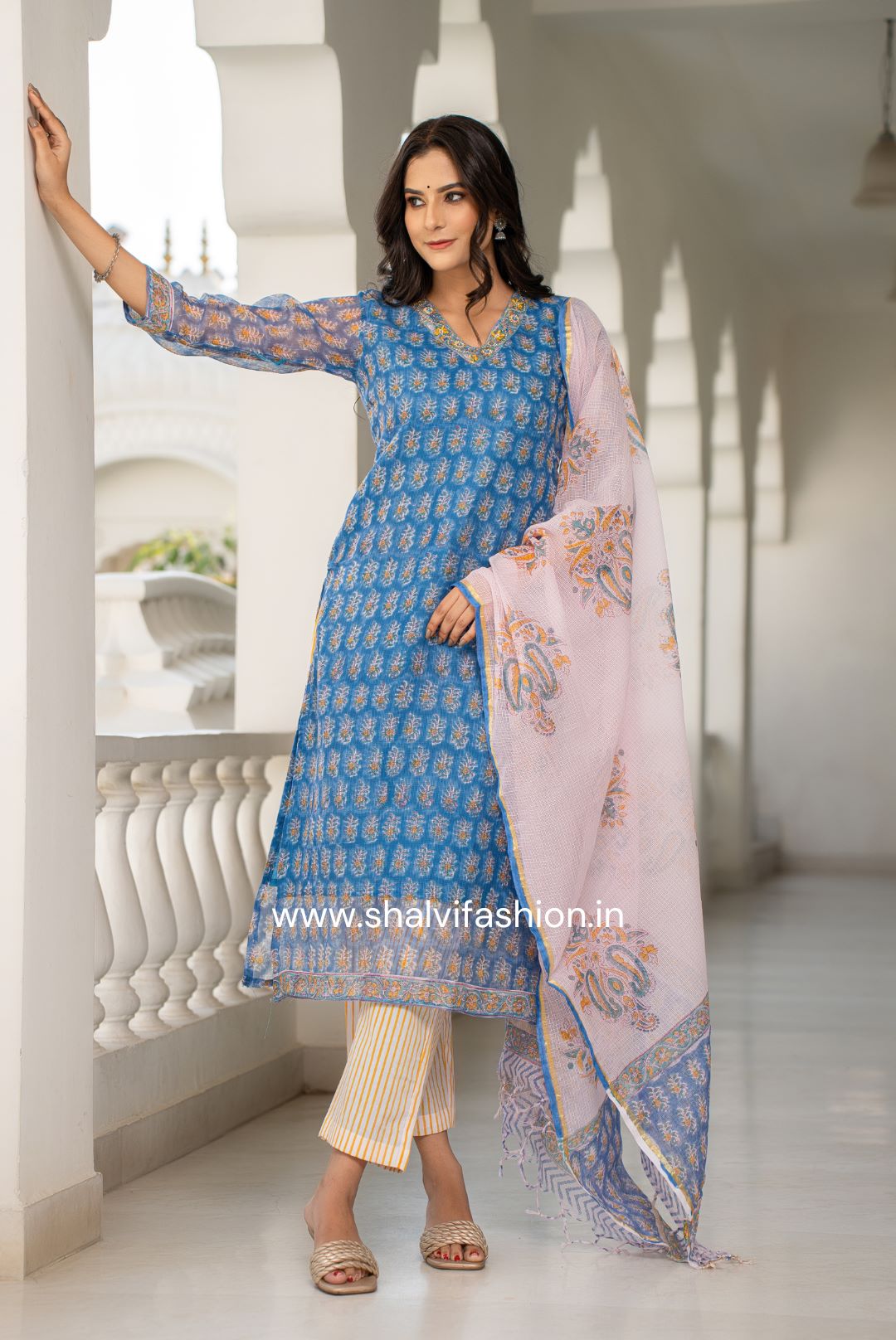 Shop blue buti print kota doria suit sets online (CSS107)