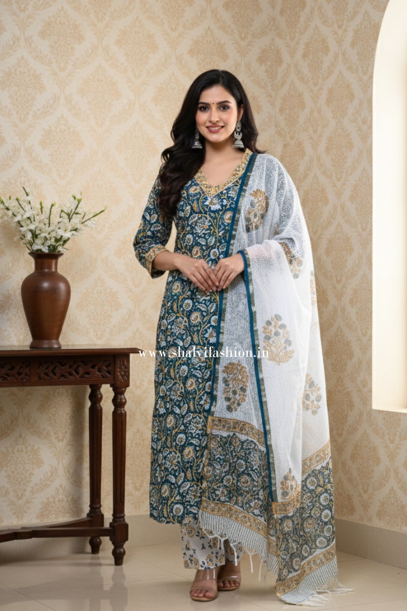 Shop jaipuri print cotton suits with kota dupatta online (CSS144KD)