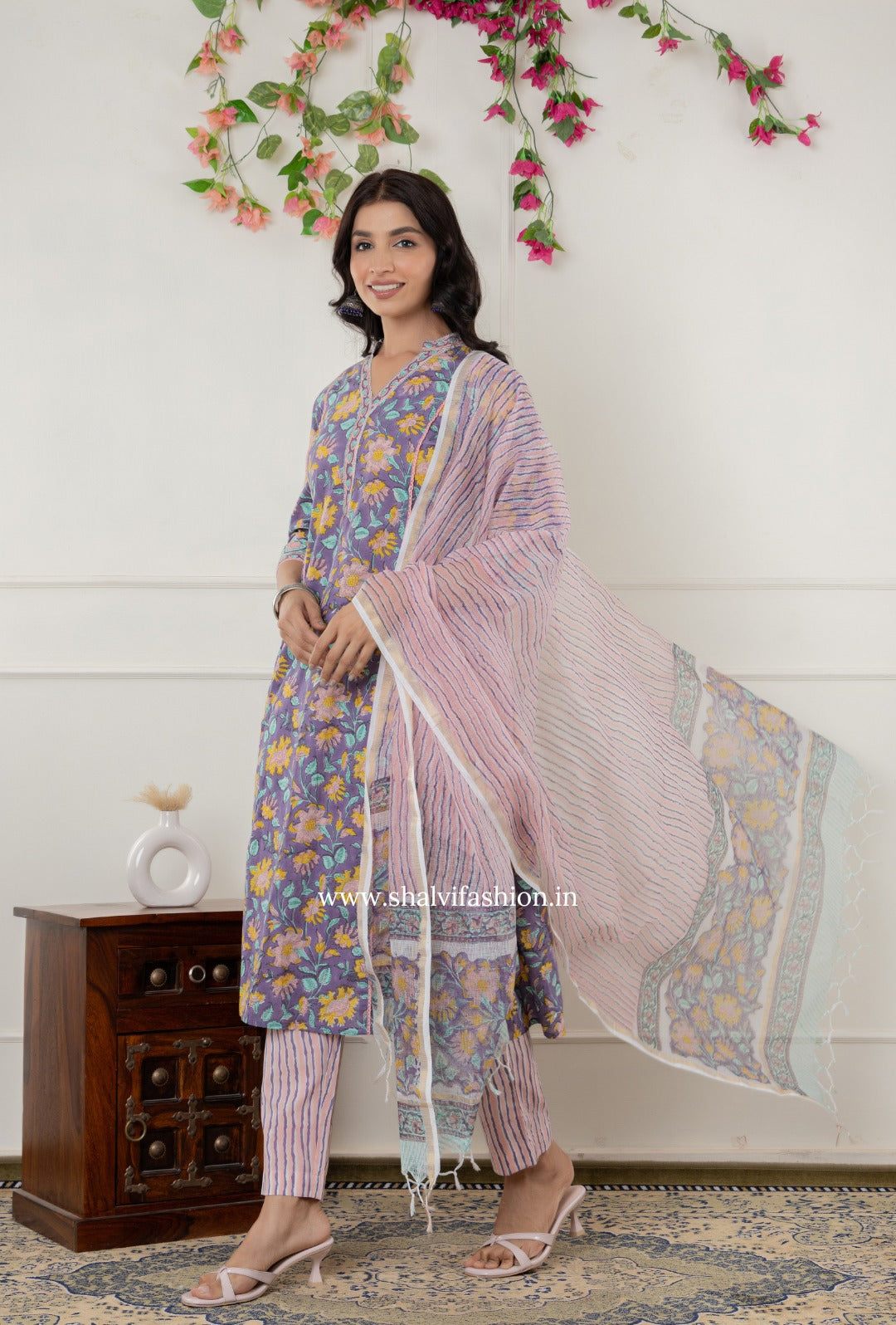 Shop block printed cotton suits with kota dupatta (CSS315)