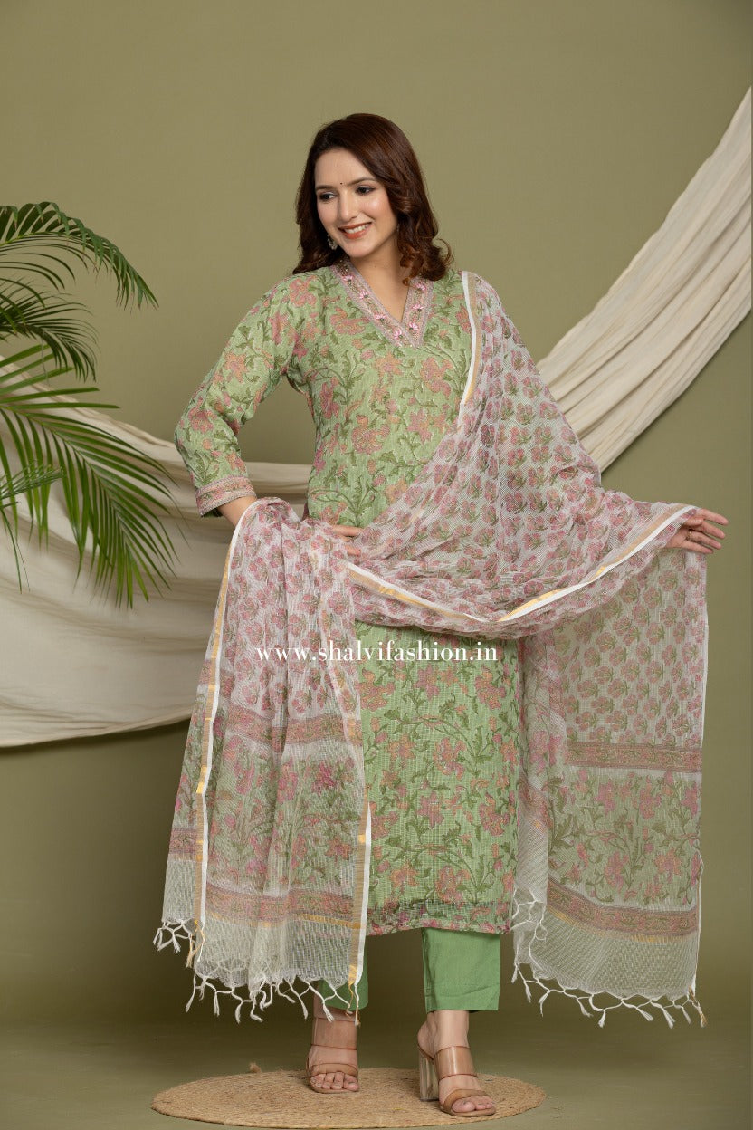 Shop hand block printed kota doria suits online shopping (CSS319)