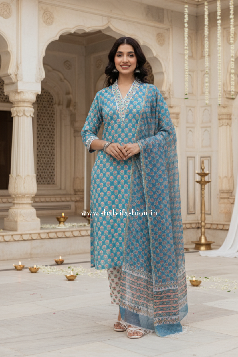 Shop block print cotton suits with kota dupatta online (CSS364)