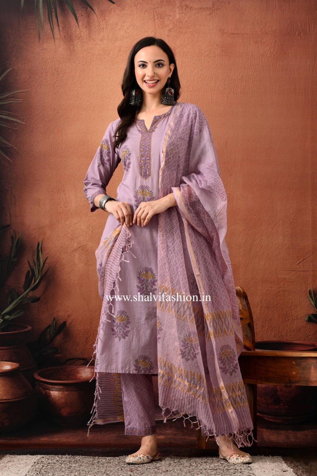 Shop hand block print cotton suits with kota dupatta (CSS385)