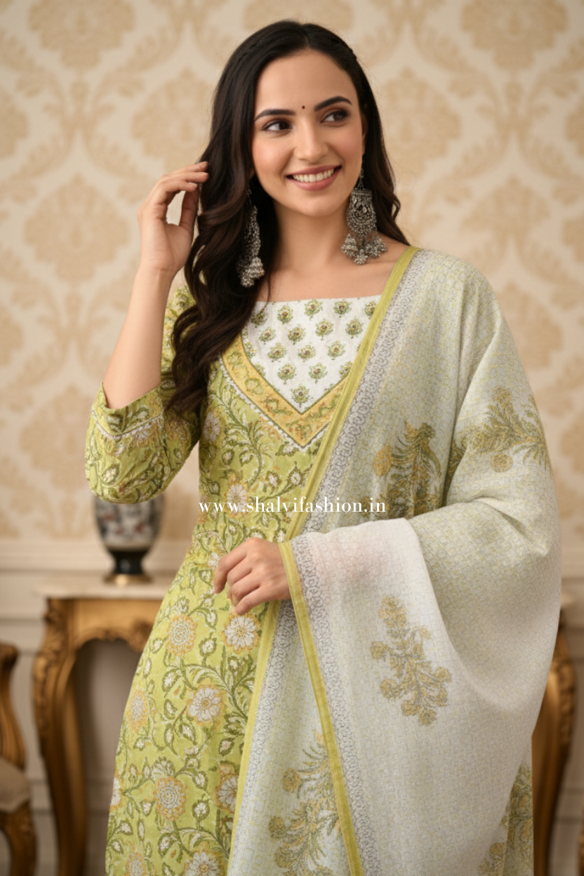 Shop block print cotton suits with kota dupatta (CSS402)