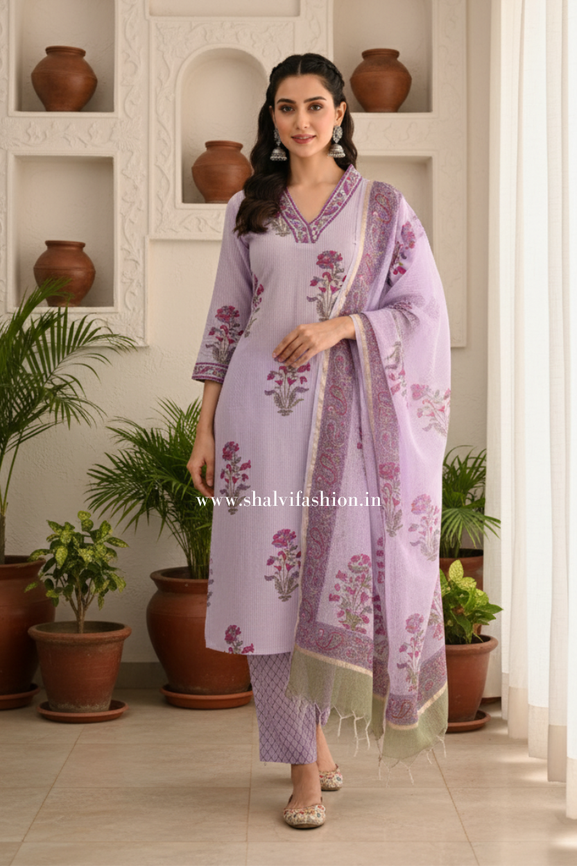Shop hand block print cotton suits with kota dupatta online (CSS404)