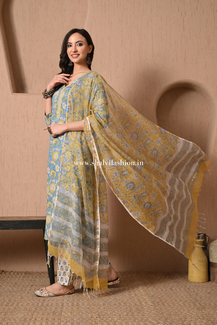 Shop hand block print pure cotton suits with kota dupatta (CSS435)