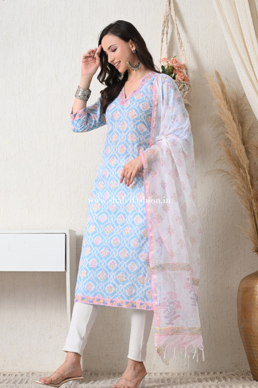 Shop hand block print pure cotton suits with kota dupatta online (CSS449)